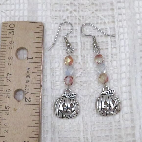 Handmade Silver Dangle Pumpkin Earrings for Halloween, Drop Earrings for Women - Picture 4 of 7